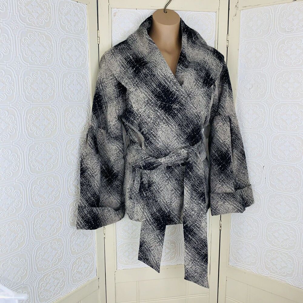 Samuel Dong Women's L Black Beige Tweed Plaid Jacket Large Collar NWT MSRP $299